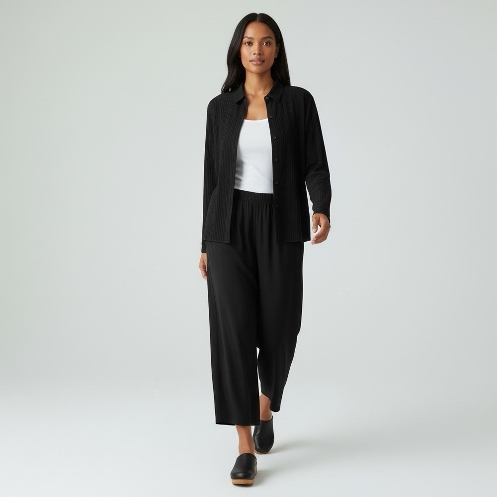 EILEEN FISHER 100% Silk Straight Ankle Crop Pull On Black Pants Plus 1X NEW